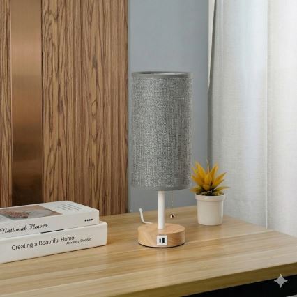 Brilagi - Lampada da tavolo con porta USB TABLON 1xE27/25W/230V rovere/bianco/grigio