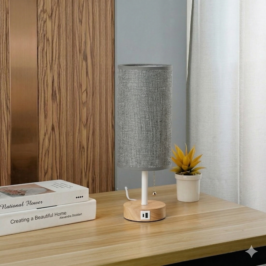 Brilagi - Lampada da tavolo con porta USB TABLON 1xE27/25W/230V rovere/bianco/grigio