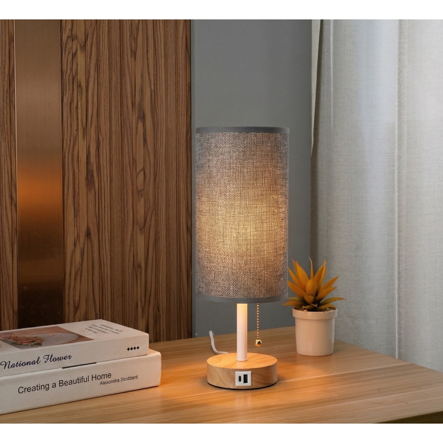 Brilagi - Lampada da tavolo con porta USB TABLON 1xE27/25W/230V rovere/bianco/grigio