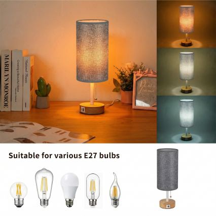 Brilagi - Lampada da tavolo con porta USB TABLON 1xE27/25W/230V rovere/bianco/grigio