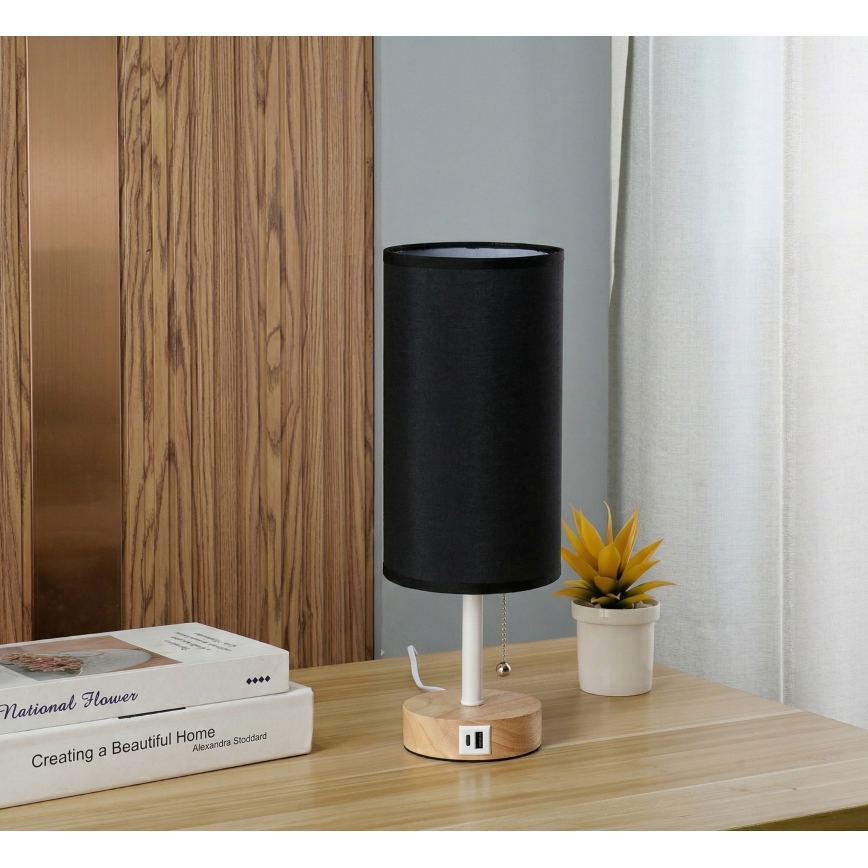 Brilagi - Lampada da tavolo con porta USB TABLON 1xE27/25W/230V rovere/bianco/nero