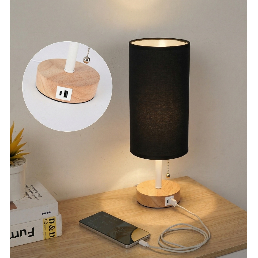 Brilagi - Lampada da tavolo con porta USB TABLON 1xE27/25W/230V rovere/bianco/nero