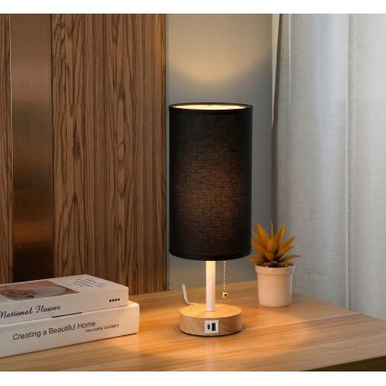 Brilagi - Lampada da tavolo con porta USB TABLON 1xE27/25W/230V rovere/bianco/nero