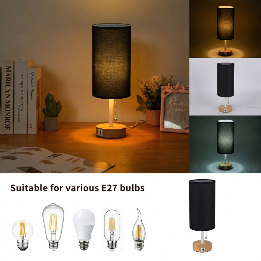 Brilagi - Lampada da tavolo con porta USB TABLON 1xE27/25W/230V rovere/bianco/nero