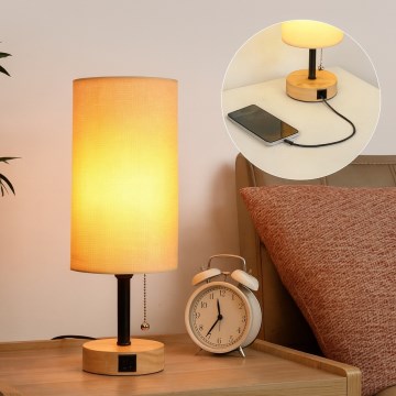 Brilagi - Lampada da tavolo con porta USB TABLON 1xE27/25W/230V rovere/nero/beige