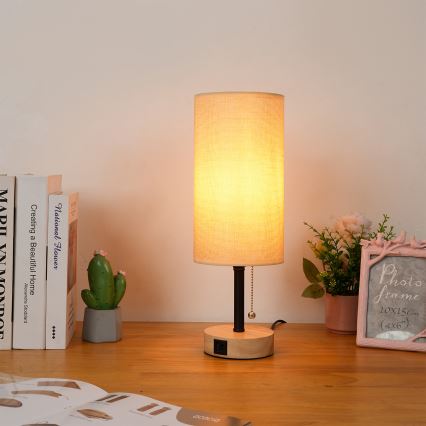 Brilagi - Lampada da tavolo con porta USB TABLON 1xE27/25W/230V rovere/nero/beige