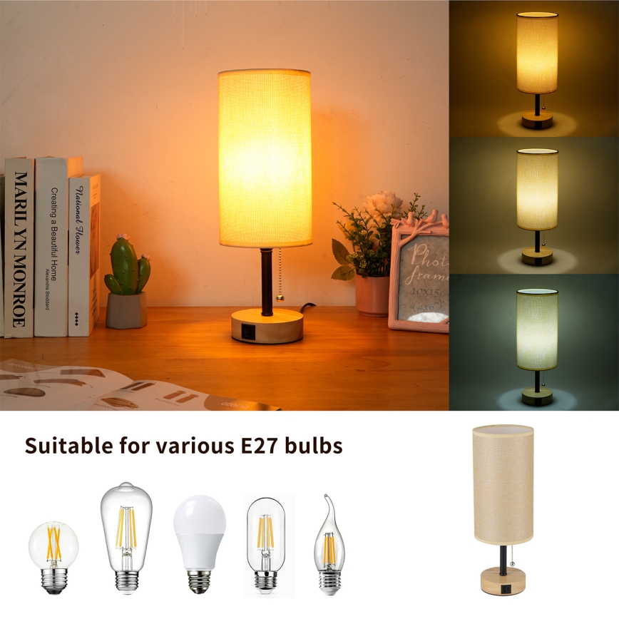 Brilagi - Lampada da tavolo con porta USB TABLON 1xE27/25W/230V rovere/nero/beige