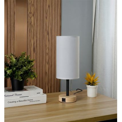 Brilagi - Lampada da tavolo con porta USB TABLON 1xE27/25W/230V rovere/nero/bianco
