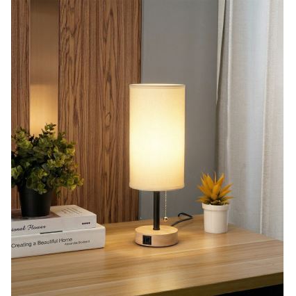 Brilagi - Lampada da tavolo con porta USB TABLON 1xE27/25W/230V rovere/nero/bianco