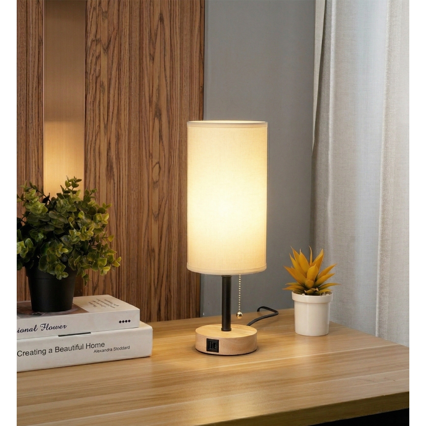 Brilagi - Lampada da tavolo con porta USB TABLON 1xE27/25W/230V rovere/nero/bianco