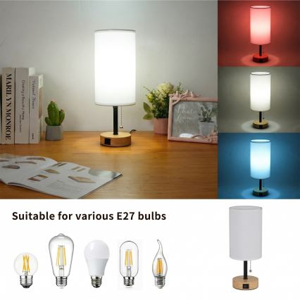 Brilagi - Lampada da tavolo con porta USB TABLON 1xE27/25W/230V rovere/nero/bianco