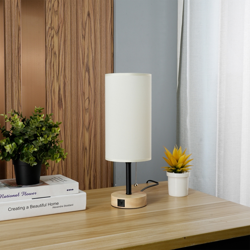 Brilagi - Lampada da tavolo con porta USB TABLON 1xE27/25W/230V rovere/nero/crema