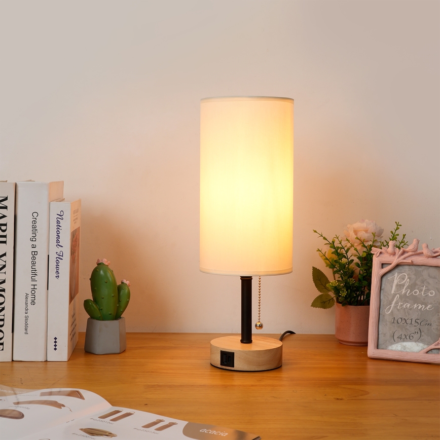 Brilagi - Lampada da tavolo con porta USB TABLON 1xE27/25W/230V rovere/nero/crema