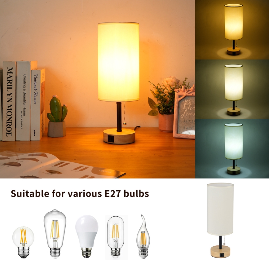 Brilagi - Lampada da tavolo con porta USB TABLON 1xE27/25W/230V rovere/nero/crema