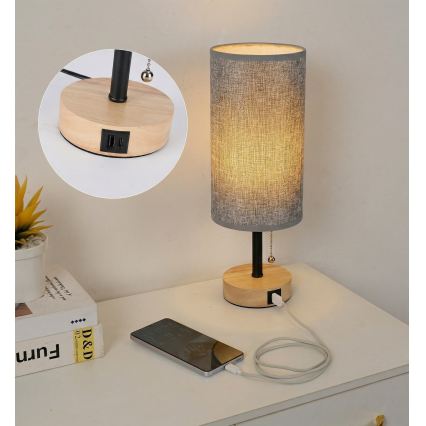 Brilagi - Lampada da tavolo con porta USB TABLON 1xE27/25W/230V rovere/nero/grigio
