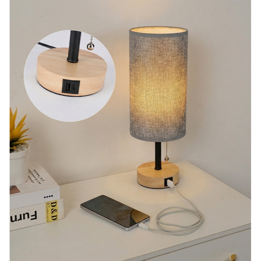 Brilagi - Lampada da tavolo con porta USB TABLON 1xE27/25W/230V rovere/nero/grigio