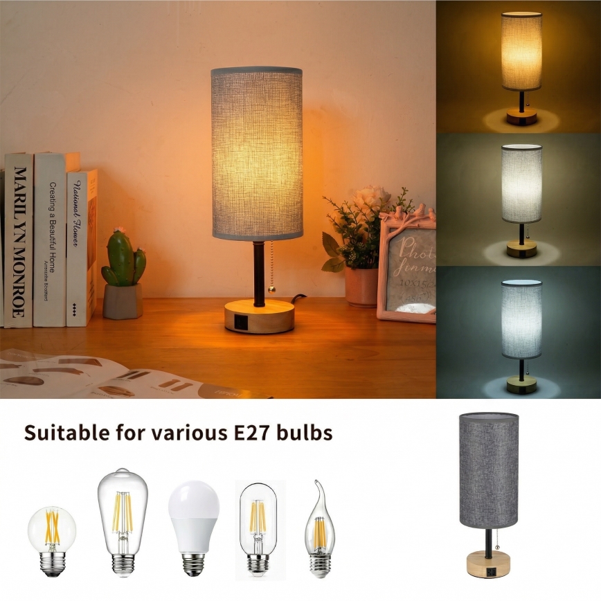 Brilagi - Lampada da tavolo con porta USB TABLON 1xE27/25W/230V rovere/nero/grigio