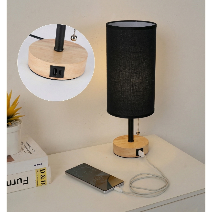 Brilagi - Lampada da tavolo con porta USB TABLON 1xE27/25W/230V rovere/nero