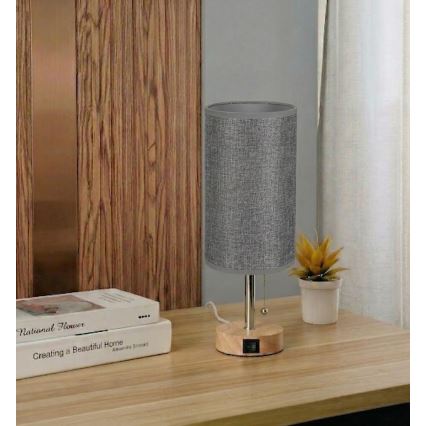 Brilagi - Lampada da tavolo TABLON con porta USB 1xE27/25W/230V rovere/beige/grigio