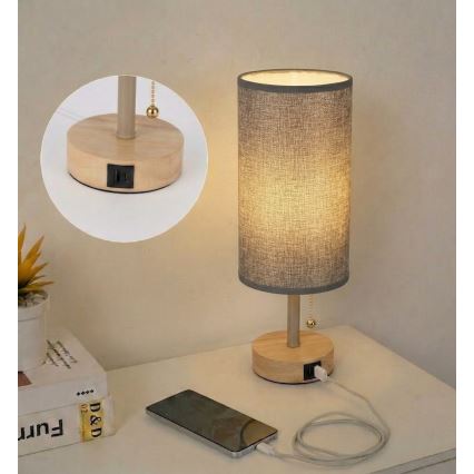 Brilagi - Lampada da tavolo TABLON con porta USB 1xE27/25W/230V rovere/beige/grigio