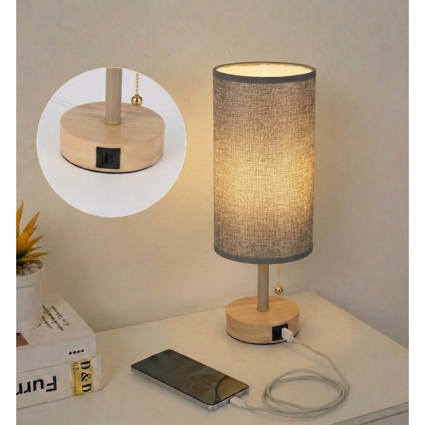 Brilagi - Lampada da tavolo TABLON con porta USB 1xE27/25W/230V rovere/beige/grigio