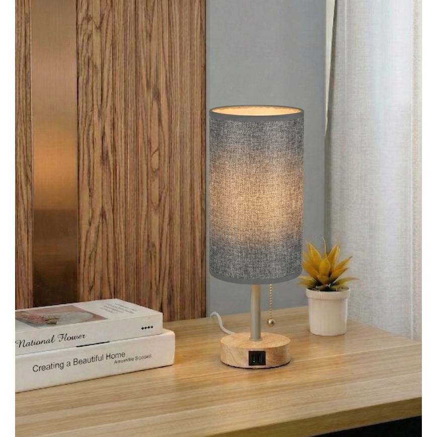 Brilagi - Lampada da tavolo TABLON con porta USB 1xE27/25W/230V rovere/beige/grigio