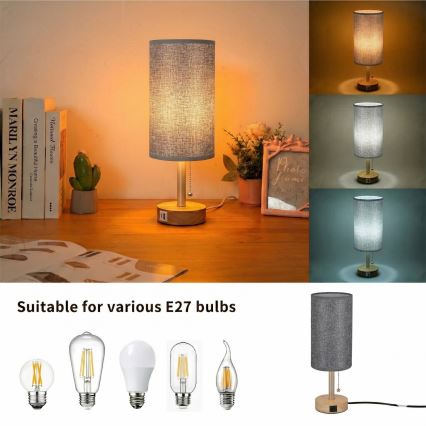 Brilagi - Lampada da tavolo TABLON con porta USB 1xE27/25W/230V rovere/beige/grigio