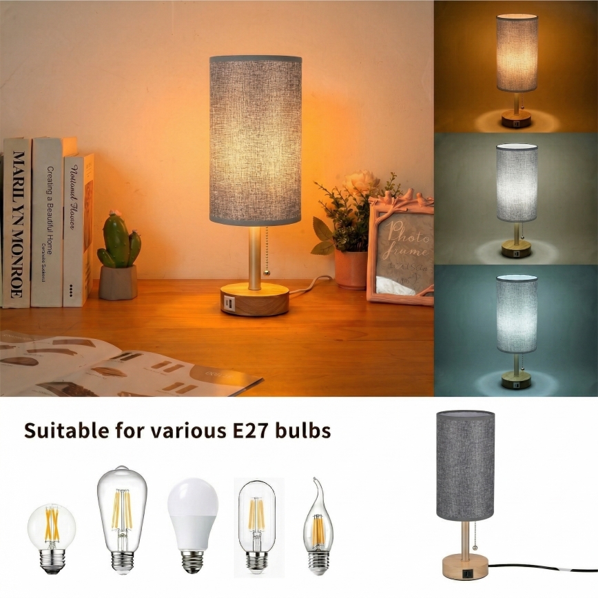 Brilagi - Lampada da tavolo TABLON con porta USB 1xE27/25W/230V rovere/beige/grigio