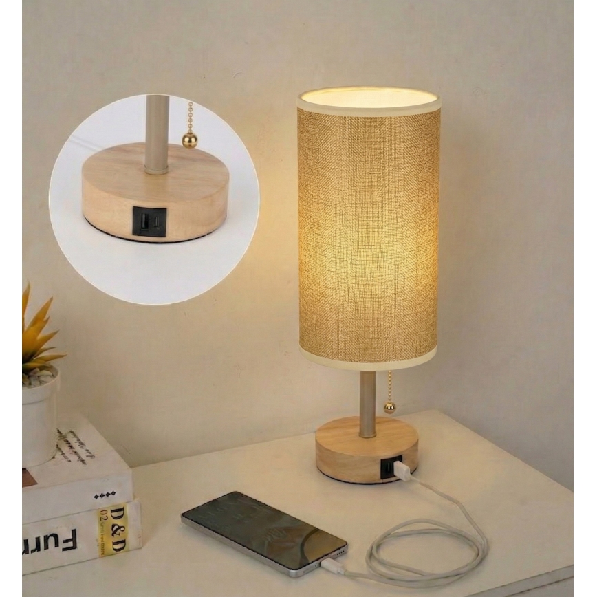 Brilagi - Lampada da tavolo TABLON con porta USB 1xE27/25W/230V rovere/beige