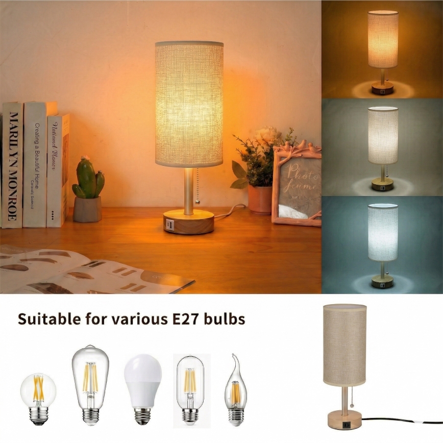 Brilagi - Lampada da tavolo TABLON con porta USB 1xE27/25W/230V rovere/beige