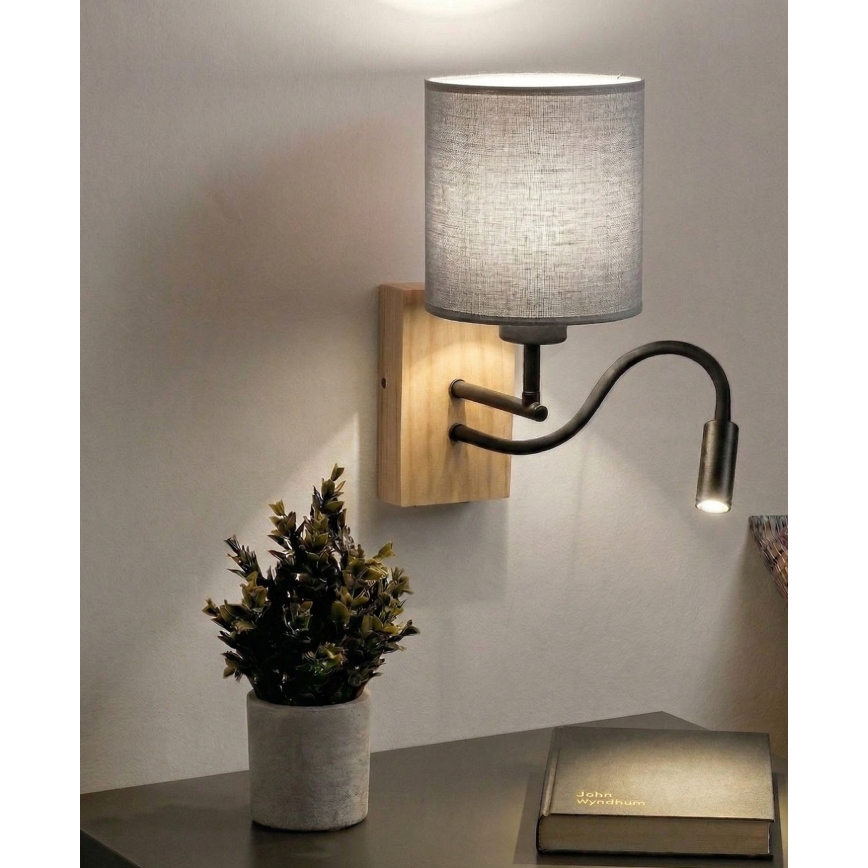 Brilagi - lampada da parete flessibile a LED NUBILA WOOD 1xE27/25W/230V + LED/3W rovere/nero/grigio chiaro