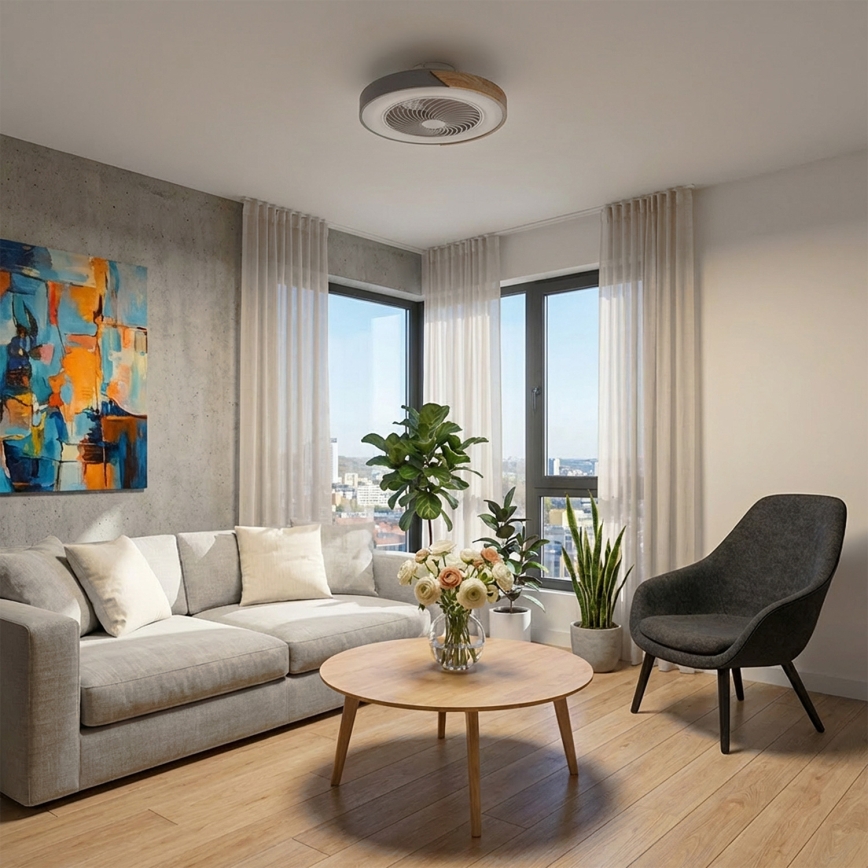 Brilagi - Plafoniera LED dimmerabile con ventilatore, 38W/230V, 3000-6500K, Ø 50 cm, grigio/rovere + telecomando