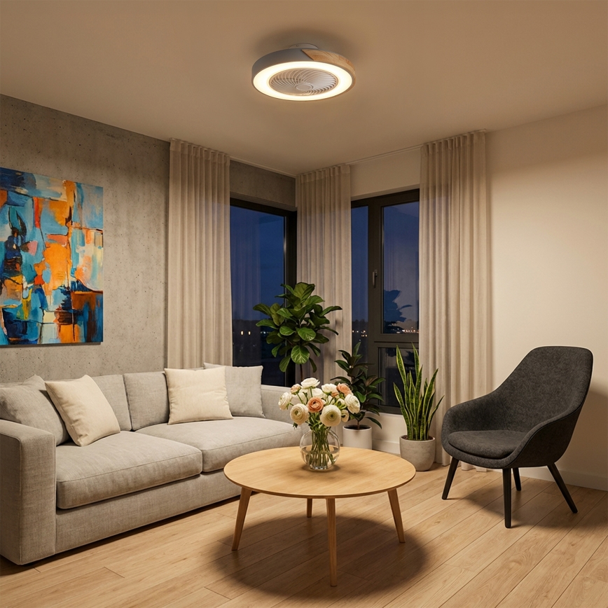 Brilagi - Plafoniera LED dimmerabile con ventilatore, 38W/230V, 3000-6500K, Ø 50 cm, grigio/rovere + telecomando