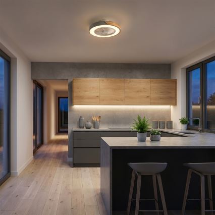 Brilagi - Plafoniera LED dimmerabile con ventilatore, 38W/230V, 3000-6500K, Ø 50 cm, grigio/rovere + telecomando