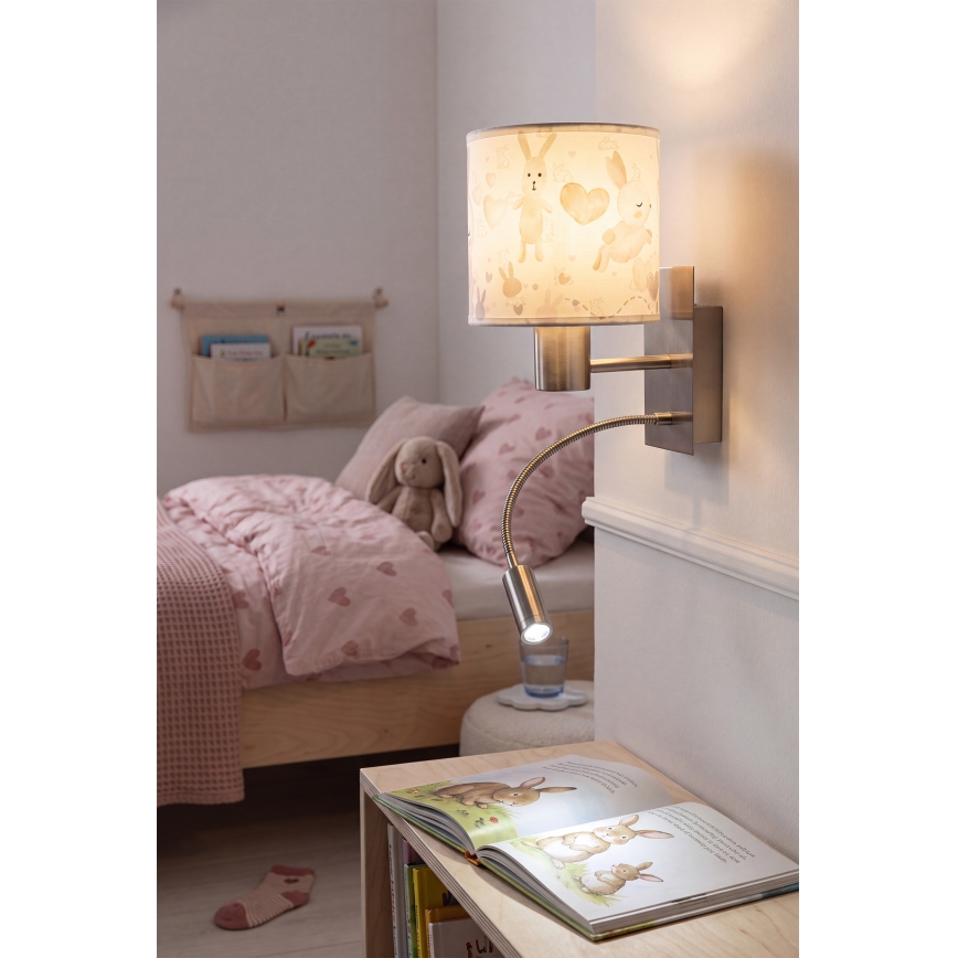 Brilagi - Lampada da parete flessibile LED per bambini BOBO 1xE27/25W/230V + LED/3W cromo opaco/bianco/coniglietti