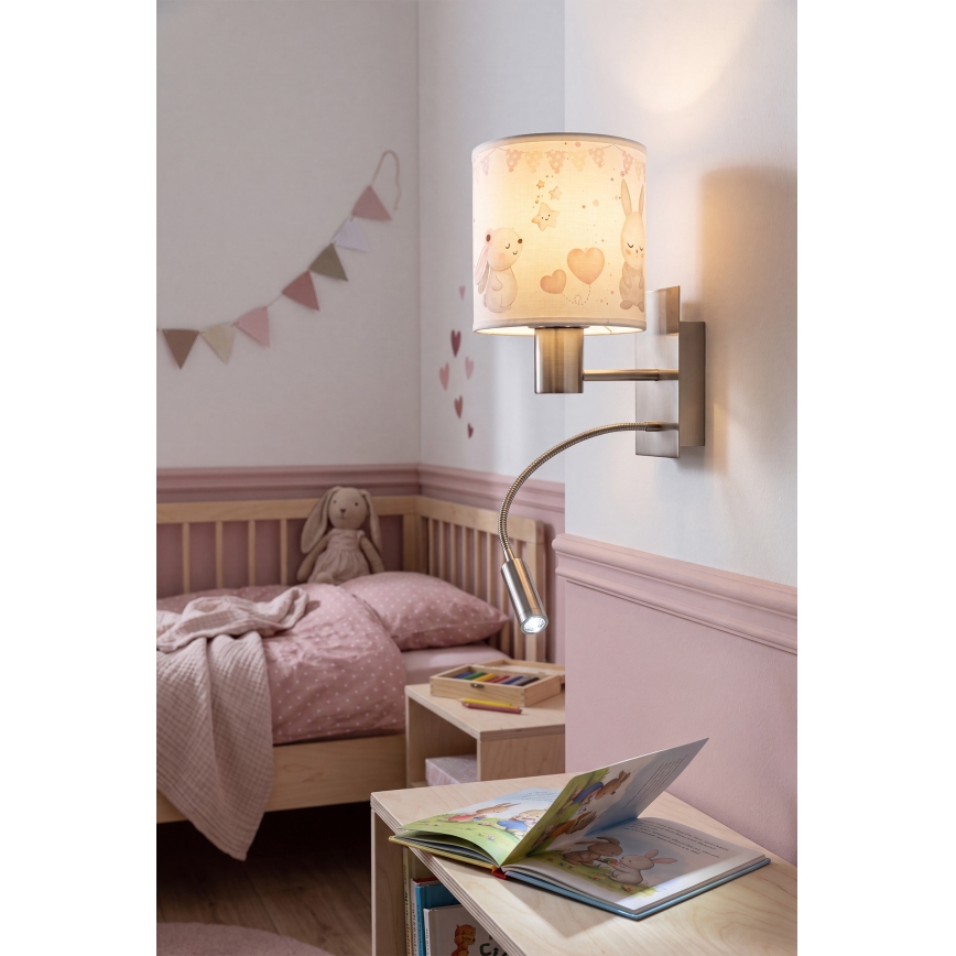 Brilagi - Lampada da parete flessibile LED per bambini BOBO 1xE27/25W/230V + LED/3W, cromo opaco/crema/coniglietti