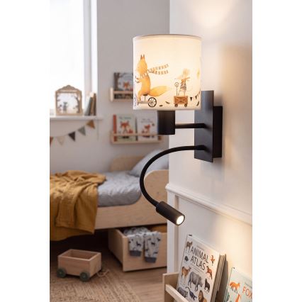 Brilagi - Lampada da parete flessibile a LED per bambini BOBO 1xE27/25W/230V + LED/3W nera/bianca/con soggetti a tema animale