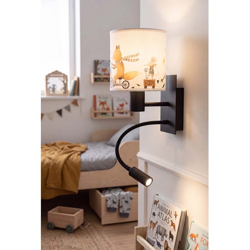 Brilagi - Lampada da parete flessibile a LED per bambini BOBO 1xE27/25W/230V + LED/3W nera/bianca/con soggetti a tema animale