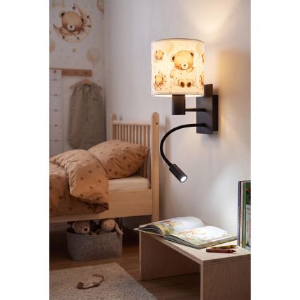 Brilagi - Lampada da parete flessibile LED per bambini BOBO 1xE27/25W/230V + LED/3W nero/bianco/orsetti
