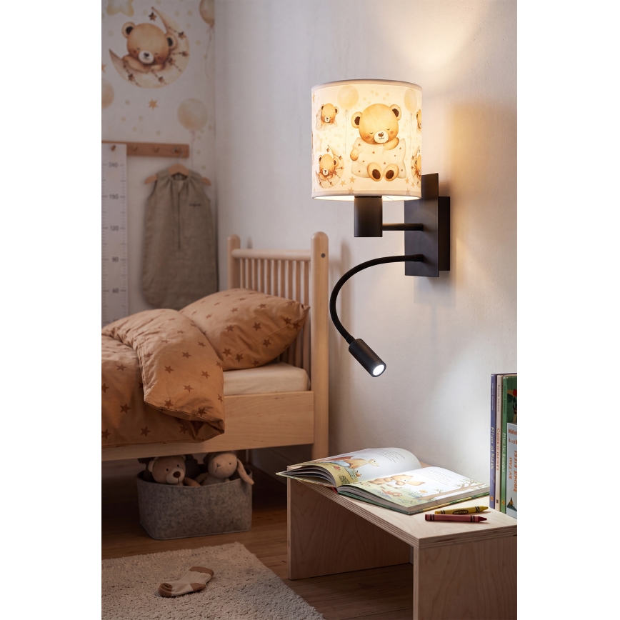 Brilagi - Lampada da parete flessibile LED per bambini BOBO 1xE27/25W/230V + LED/3W nero/bianco/orsetti