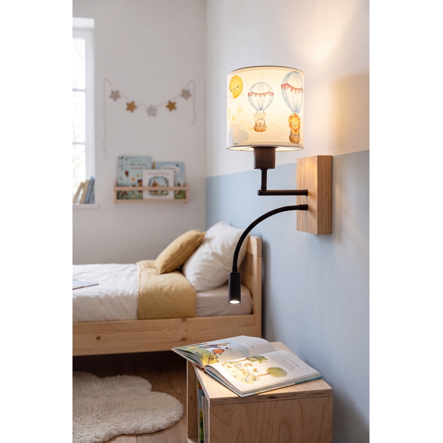 Brilagi - Lampada da parete flessibile LED per bambini BOBO WOOD 1xE27/25W/230V + LED/3W rovere/nero/bianco/con animaletti