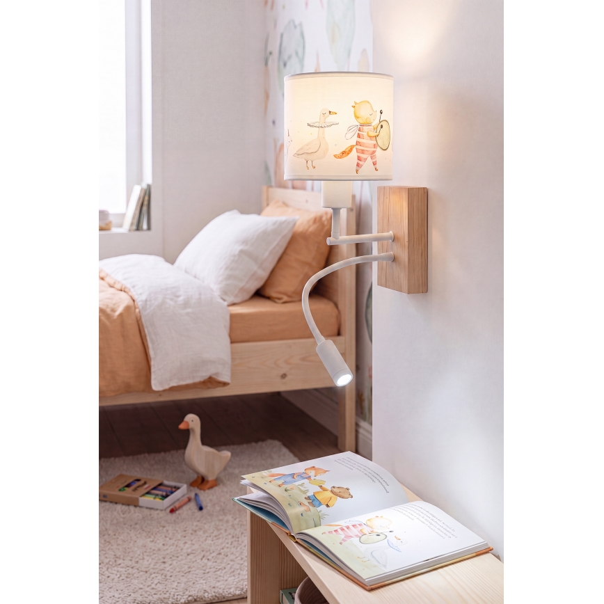 Brilagi - Lampada da parete LED flessibile per bambini BOBO WOOD 1xE27/25W/230V + LED/3W rovere/bianco con animaletti
