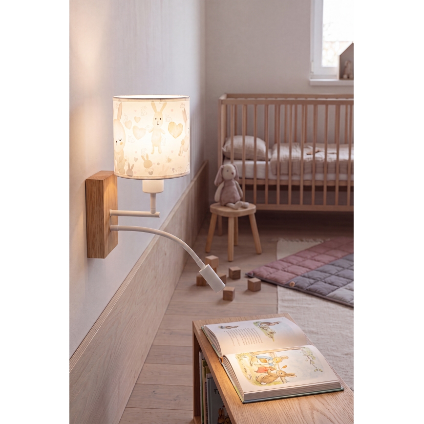 Brilagi - Lampada da parete LED flessibile per bambini BOBO WOOD 1xE27/25W/230V + LED/3W rovere/bianco/coniglietti