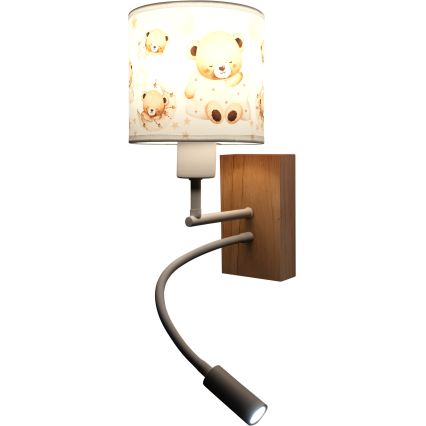 Brilagi - Lampada da parete LED flessibile per bambini BOBO WOOD 1xE27/25W/230V + LED/3W rovere/bianco/orsetti