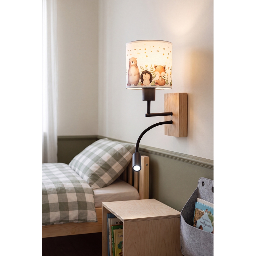Brilagi - Lampada da parete flessibile LED per bambini BOBO WOOD 1xE27/25W/230V + LED/3W rovere/nero/bianco/animaletti