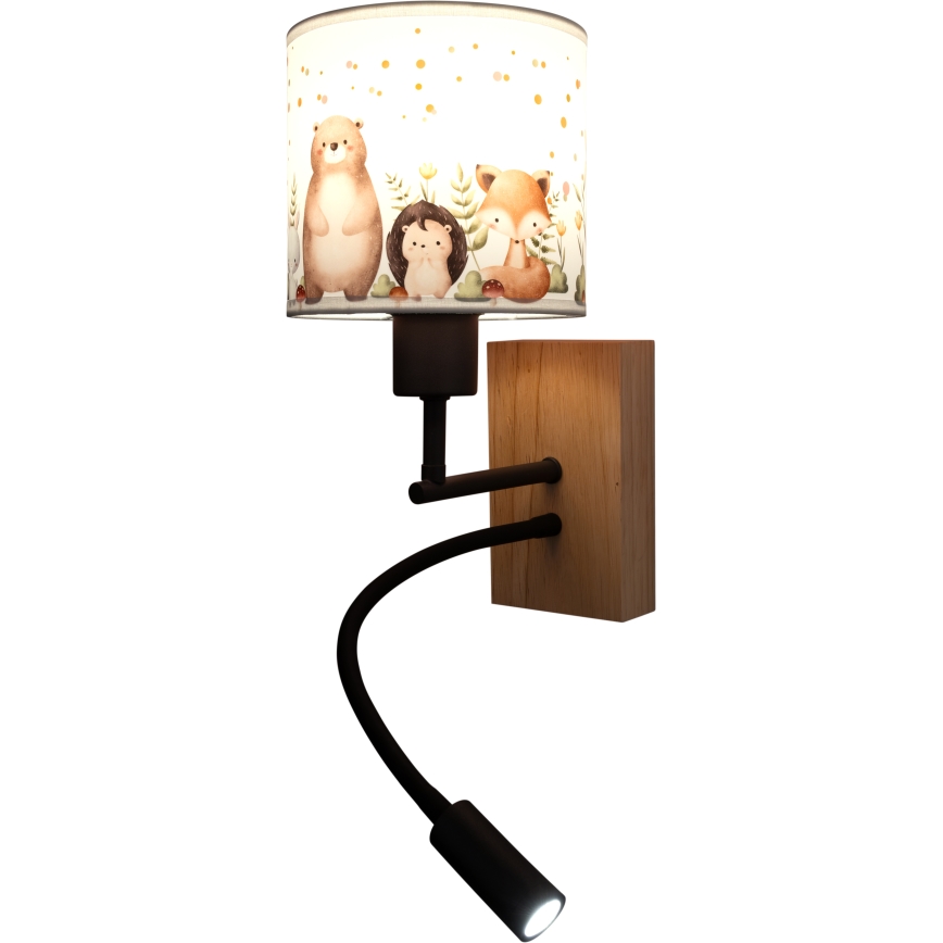 Brilagi - Lampada da parete flessibile LED per bambini BOBO WOOD 1xE27/25W/230V + LED/3W rovere/nero/bianco/animaletti