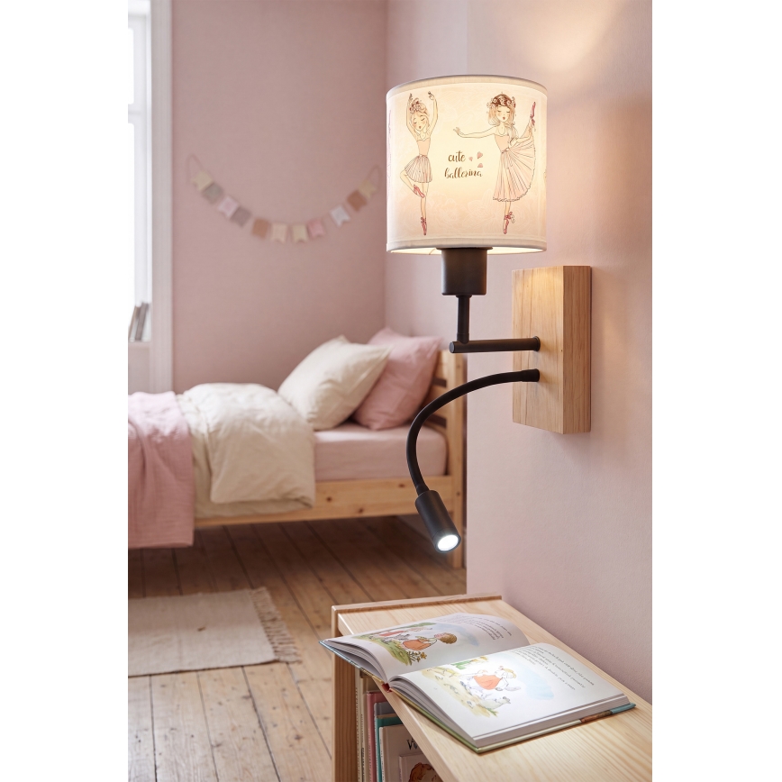 Brilagi - Lampada da parete flessibile a LED per bambini BOBO WOOD 1xE27/25W/230V + LED/3W rovere/nero/bianco/rosa/scarpette da balletto