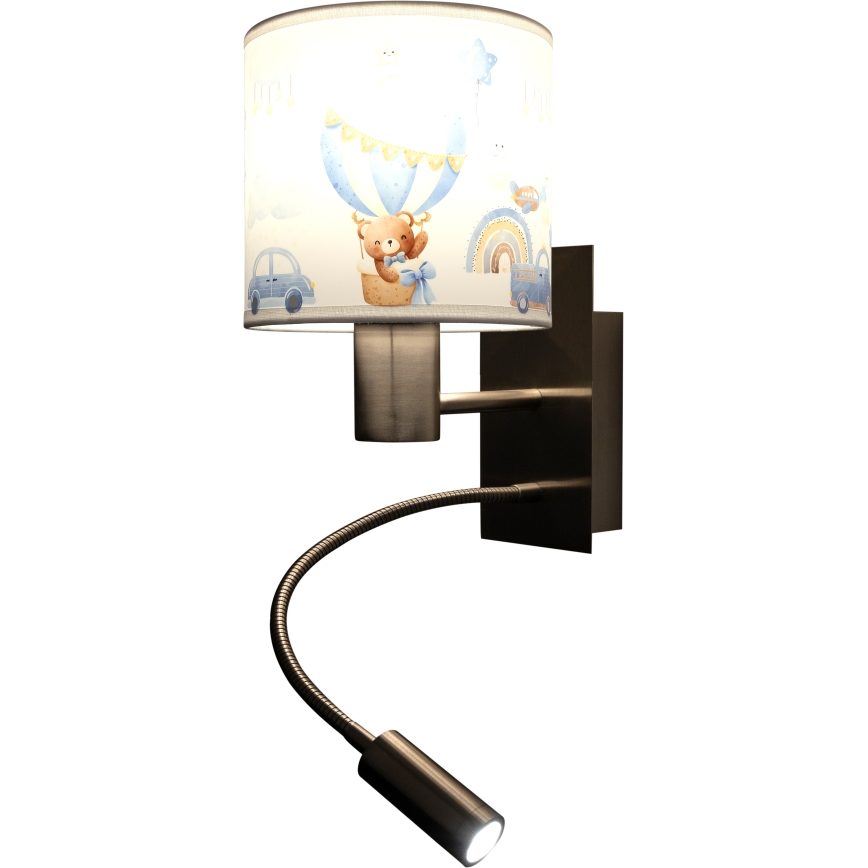 Brilagi - Lampada da parete flessibile per bambini a LED BOBO 1xE27/25W/230V + LED/3W cromo opaco/bianco/blu/con orsetti