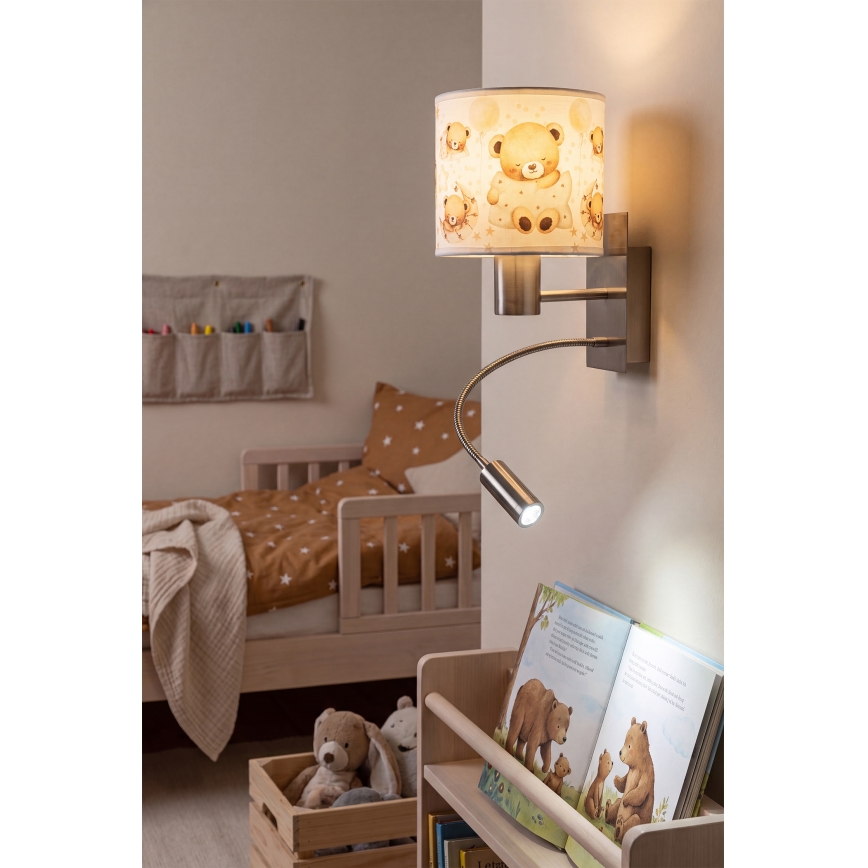 Brilagi - Lampada LED da parete flessibile per bambini BOBO 1xE27/25W/230V + LED/3W cromo opaco/bianco/orsetti