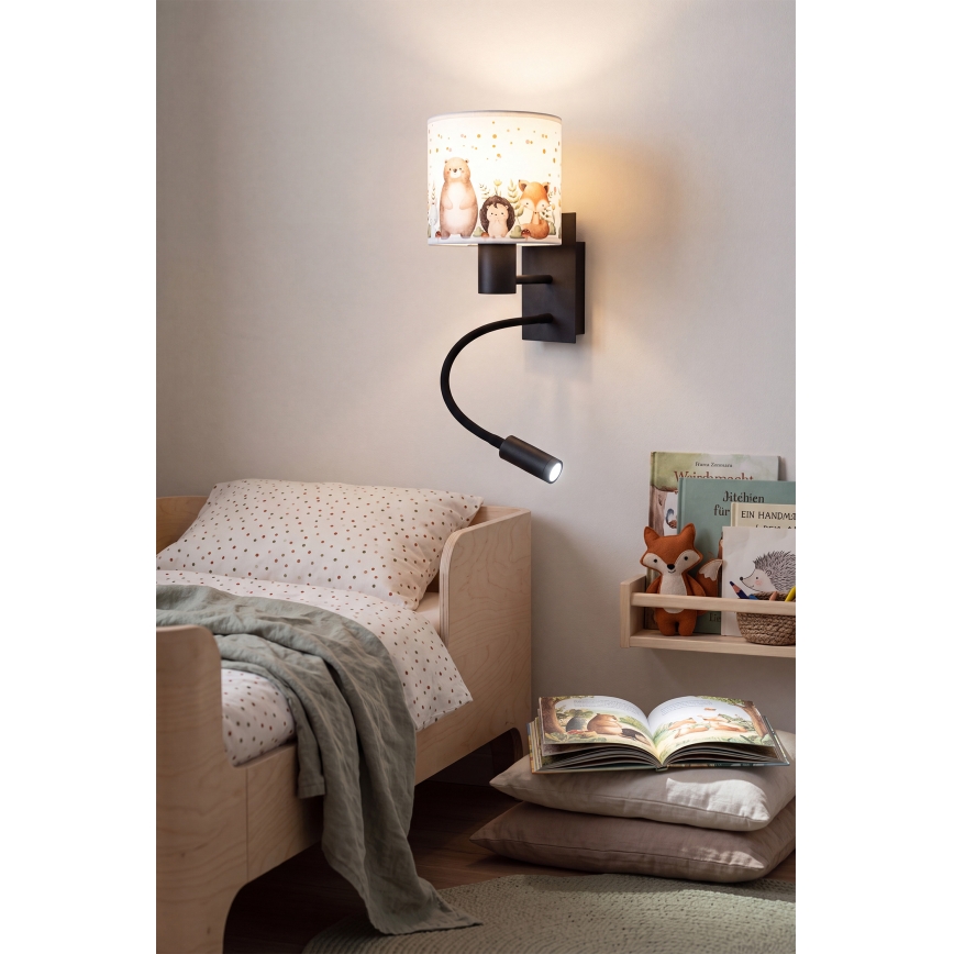 Brilagi - Lampada da parete flessibile per bambini LED BOBO 1xE27/25W/230V + LED/3W nero/bianco/animaletti